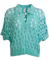 Saachi - Knit Cut-Out Collared Aqua Shirt - Lyst