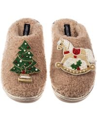 Laines London - Neutrals Teddy Closed Toe Slippers With Christmas Tree & Rocking Horse Brooches - Lyst