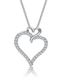 Genevive Jewelry - Sterling Plated With Clear Cubic Zirconia Double Heart Pendant Necklace - Lyst