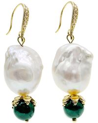 Farra - Baroque Pearl With Malachite Round Stone Earrings - Lyst