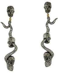 Artisan Pave Diamond Ruby 18k Gold 925 Sterling Silver Snake & Skull Dangle Earrings Jewellery - Metallic