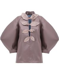 Julia Allert - Taffeta Deep V-Neck Blouse With Satin Floral Detail – Taupe - Lyst