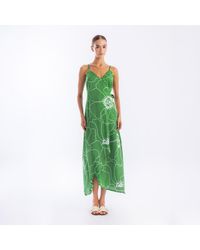 Haris Cotton - Printed Satin Wrap Maxi Dress With Straps Peonies - Lyst