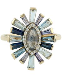Artisan - 18kyellow Gold Evil Eye Cocktail Ring Baguette Diamond Topaz Sapphire Tanzanite Aquamarine Gemstone Jewelry - Lyst