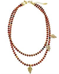 Farra - Birthstone Garnet With Leaves Charms Double Strands Necklace - Lyst