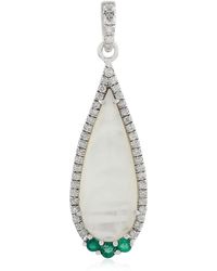 Artisan - Pear Cut Pearl & Emerald Gemstone Pave Diamond Pendant - Lyst