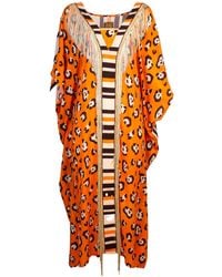Lalipop Design - Leopard Print Viscose Kaftan With Fringe Details - Lyst