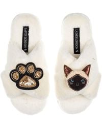 Laines London - Neutrals Classic Laines Slippers With Paw & Siamese Cat Brooches - Lyst