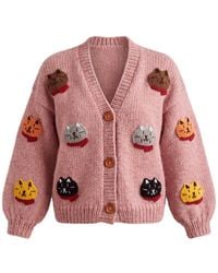 Ana Chic - Cat Motif Handmade Knitted Cardigan - Lyst