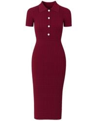 Yumi' - Burgundy Fitted Rib Knitted Midi Dress With Daisy Buttons - Lyst
