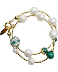 Farra - Freshwater Pearls With Round Malachite Double Wrapped Beading Bracelet - Lyst