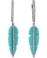 Artisan - 18k White Gold Carving Turquoise Natural Diamond Leaf Dangle Earrings Jewelry - Lyst