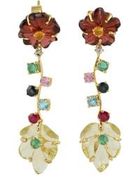 Artisan - 18k Yellow Gold Garnet Quartz Sapphire Ruby Flower Dangle Earrings Jewelry - Lyst