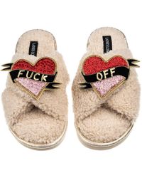 Laines London - Neutrals Laines Neutral Boucle Slippers With Fuck Off Brooches - Lyst