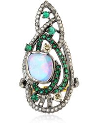 Artisan - Natural Emerald Opal Doublet 18k Gold Silver Diamond Long Ring Handmade Jewelry - Lyst