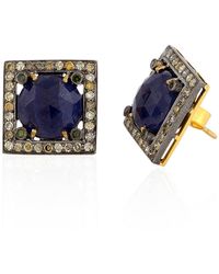 Artisan - Pave Diamond & Blue Sapphire With 18k Gold Square Stud Earrings In 925 Sterling Silver - Lyst