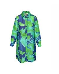 Haris Cotton - Longline Printed Linen Blend Shirt With Long Sleeves Lagoon - Lyst