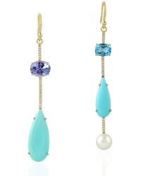 Artisan - Yellow Gold Natural Diamond Turquoise Lapis Pearl Topaz Dangle Earrings Handmade Jewelry - Lyst