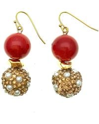 Farra - Coral With Rhinestones Bordered Pearls Earrings - Lyst