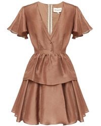 POST MERIDIEM - Chocolate Mini Dress With Peplum & Ruffle Sleeves - Lyst