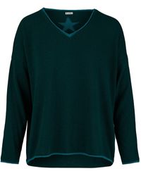 At Last - Cashmere Mix Sweater In Forest With Teal V-neck & Star - Lyst