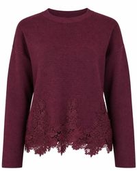 Yumi' - Burgundy Viscose Relaxed Jumper With Lace Trim - Lyst