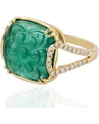 Artisan - 18k Yellow Gold Flower Carving Emerald Pave Diamond Cocktail Ring Handmade Jewelry - Lyst