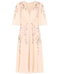 Hope & Ivy - Neutrals The Celina 3d Floral Embroidered Flutter Sleeve Plunge Front Button Midi Dress - Lyst