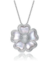 Genevive Jewelry - Cubic Zirconia Sterling Rhodium Plated Mother Of Pearl Flower Pendant - Lyst