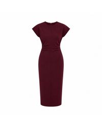 Girl In Mind - Terri Ruched Waist Short Sleeve Burgundy Midi Dress - Lyst