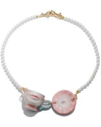 H2 Studio - The Cup Theater Mini Porcelain Cup & Plate Crystal Pearl Necklace - Lyst