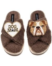 Laines London - Neutrals Laines Neutral Boucle Slippers With Mr Beefy Bulldog & Dog Mum Mom Brooches - Lyst