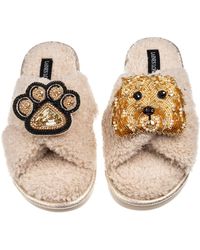 Laines London - Neutrals Laines Neutral Boucle Slippers With Enki Doo The Cockapoo & Paw Brooches - Lyst