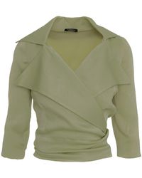 AVENUE No.29 - Neutrals Satin Viscose Lapel Wrap Blouse With Bow - Lyst