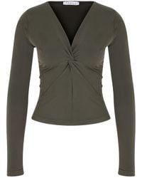 Maan Istanbul - V-Neck Knot Detail Khaki Blouse - Lyst