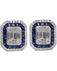 Artisan - Solid 18k White Gold Blue Sapphire Gemstone Pave Baguette Cut Natural Diamond Stud Earrings - Lyst