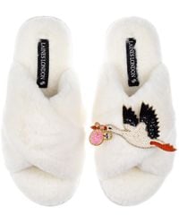 Laines London - Neutrals Cream Classic Laines Slippers With Baby Girl Stork Brooch - Lyst
