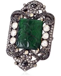 Artisan - Carved Emerald Pave Diamond Ring 18k Gold 925 Sterling Silver Jewelry - Lyst