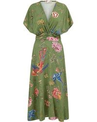 Yumi' - Bird And Floral Print Ruched Waist Kimono Midi Dress - Lyst