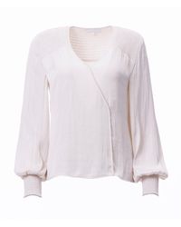 Carloslines - Neutrals V-Neck Bishop Sleeve Smocked Shoulder & Cuff Faux Wrap Blouse - Lyst