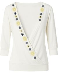 Conquista - Neutrals Embroidered Wrap-Effect V-Neck Top With 3/4 Sleeves - Lyst