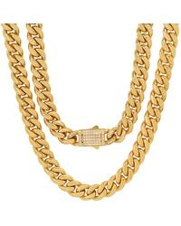 Steeltime - Stainless Steel 10Mm 18K Plated Miami Cuban Necklace Chain With Cz Monaco Clasp 24 Inch - Lyst
