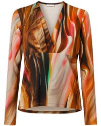 Conquista - Abstract Marbled Print V-Neck Long-Sleeve Top - Lyst