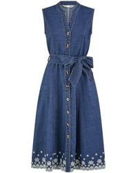 Yumi' - Chambray Cotton Midi Embroidered Shirt Dress - Lyst