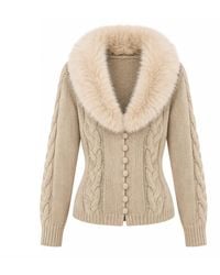 Belsize25 - Neutrals Cashmere-Blend Faux Fur Collar Cable-Knit Cardigan - Lyst