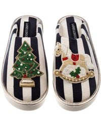 Laines London - Flatform Stripe Closed Toe Slippers With Christmas Tree & Rocking Horse Brooches - Lyst