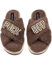 Laines London - Neutrals Laines Neutral Boucle Slippers With Chequered Fuck Off Brooches - Lyst