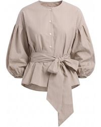 concept A trois - Neutrals Fine-Striped Lightweight Taffeta Top With Mother-Of-Pearl Buttons And Waist Tie - Lyst