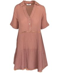 Haris Cotton - Mini Textured Cotton Short Sleeved Dress With Front Buttons And Lace Trims Blush - Lyst