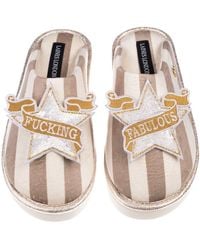 Laines London - Neutrals Flatform Stripe Closed Toe Slippers With & Fucking Fabulous Brooches - Lyst